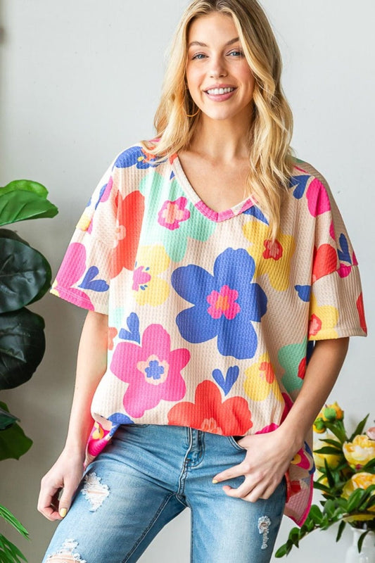 HOPELY Full Size Floral V-Neck Side Slit T-Shirt - Trendsi