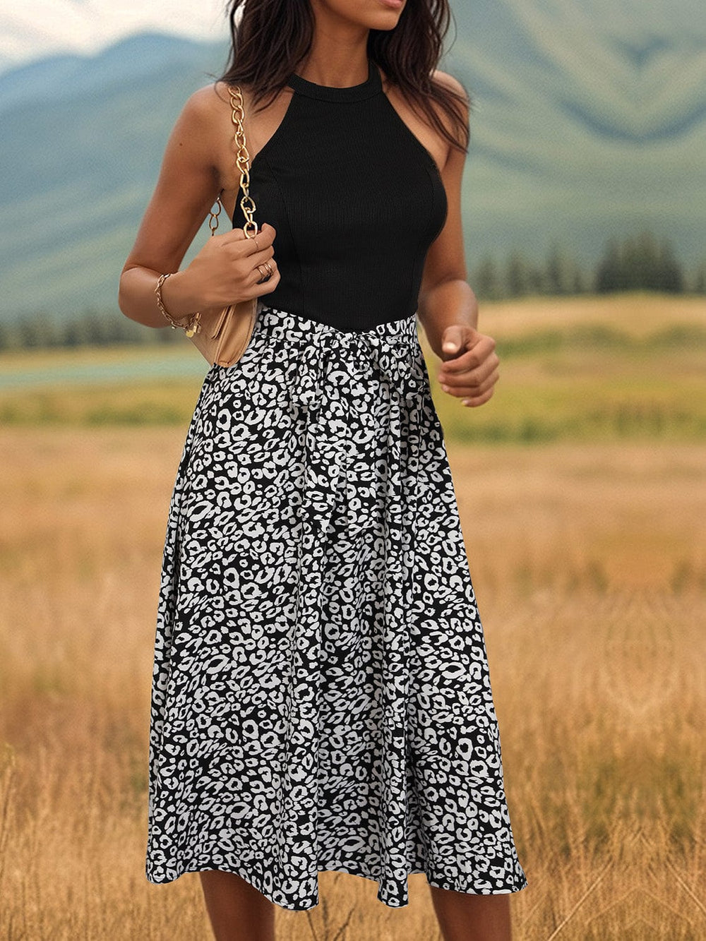 Leopard Halter Neck Midi Dress - Trendsi