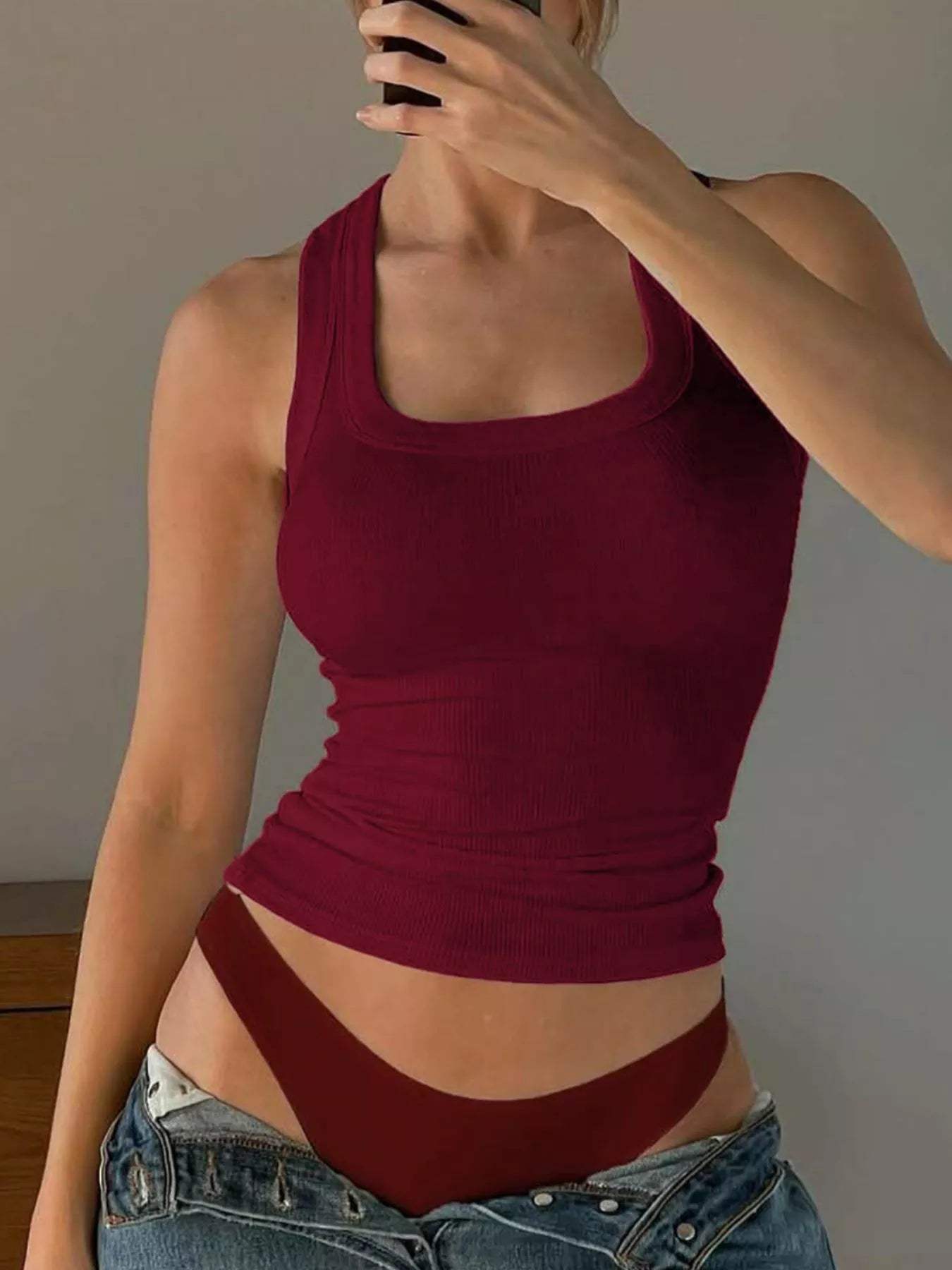 Ribbed Square Neck Tank Top - Trendsi - Flyclothing LLC