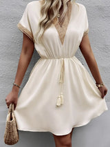 Full Size Tassel V-Neck Short Sleeve Dress Plus Size - Trendsi - Flyclothing LLC