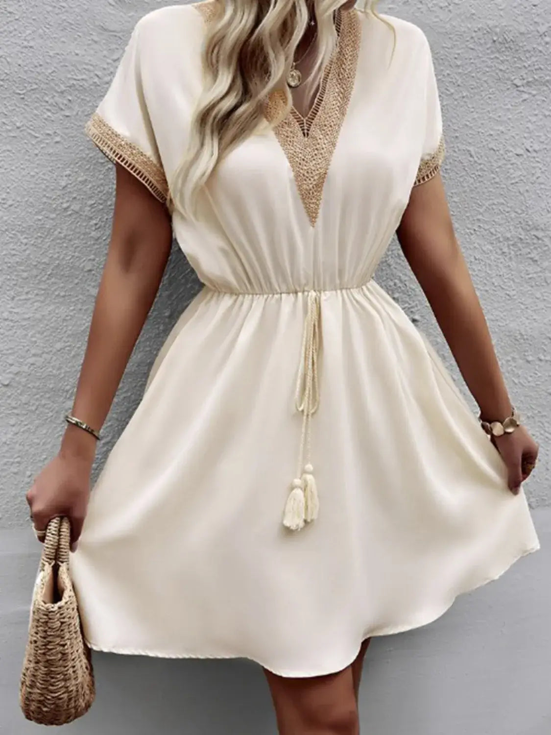 Full Size Tassel V-Neck Short Sleeve Dress Plus Size - Trendsi - Flyclothing LLC