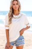 Lace Crochet Crew Neck Casual T Shirt - Trendsi
