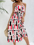 Ruffled Printed Tie Waist Midi Dress - Trendsi