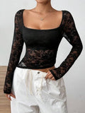 Square Neck Long Sleeve Lace Top - Trendsi