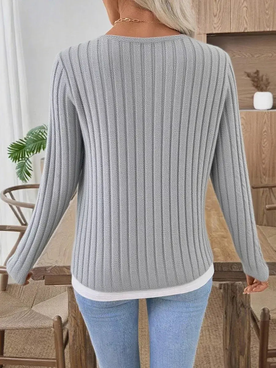 Ribbed Knit Long Sleeve Fake Two-Piece T-Shirt - Trendsi - Flyclothing LLC