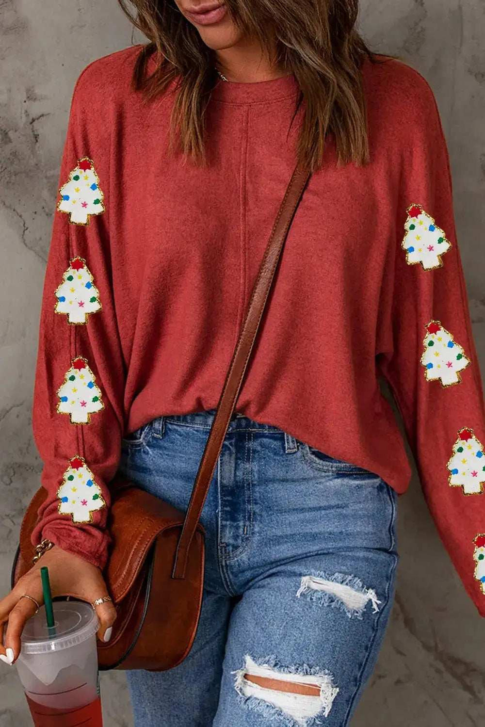 Christmas Tree Round Neck Long Sleeve Top - Trendsi - Flyclothing LLC