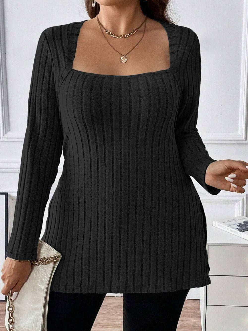 Plus Size Square Neck Long Sleeve Top - Trendsi - Flyclothing LLC