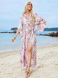 Tied Printed Three-Quarter Sleeve Midi Dress - Trendsi