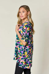 Double Take Full Size Printed V-Neck Short Sleeve Side Slit Top - Trendsi - Flyclothing LLC