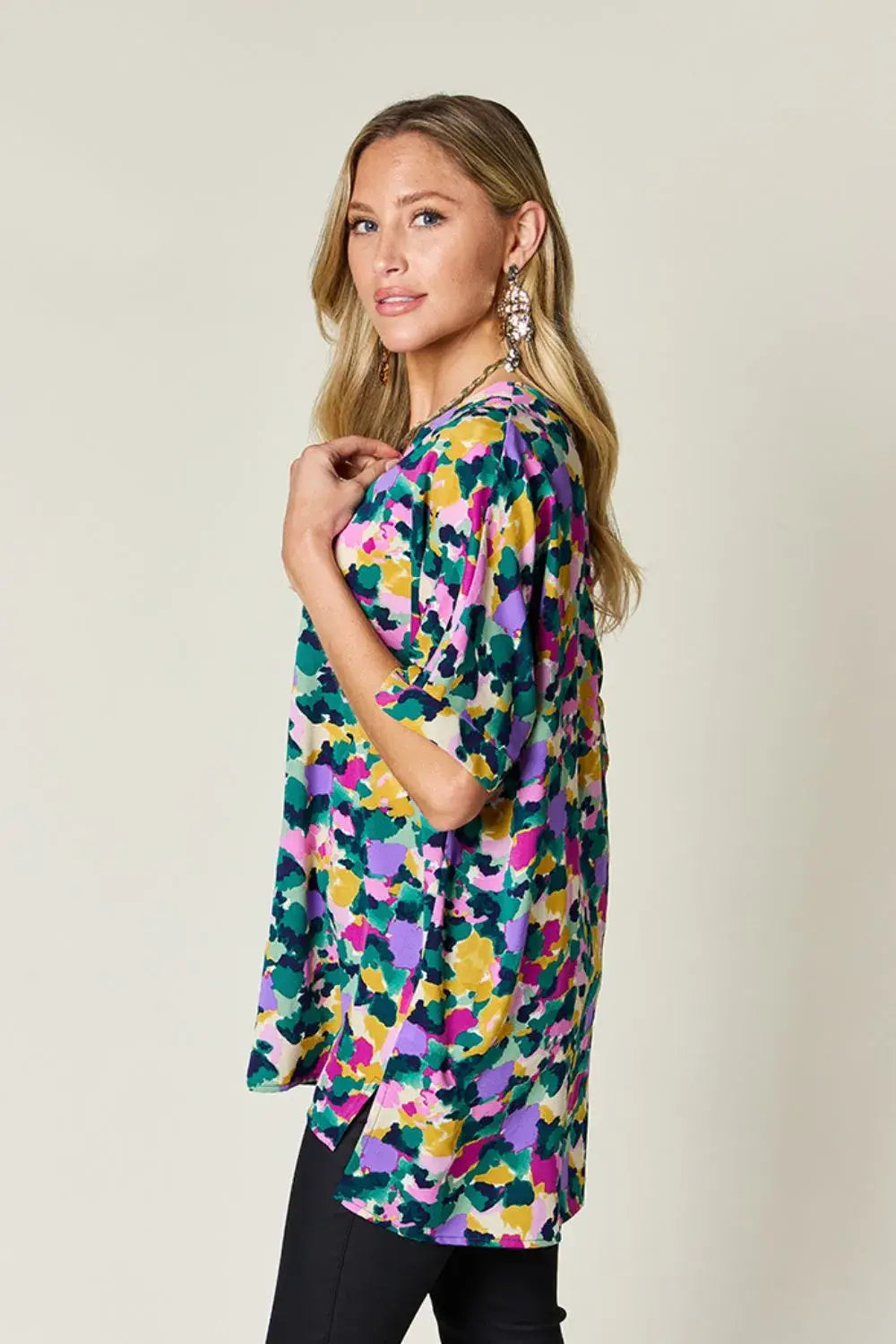 Double Take Full Size Printed V-Neck Short Sleeve Side Slit Top - Trendsi - Flyclothing LLC