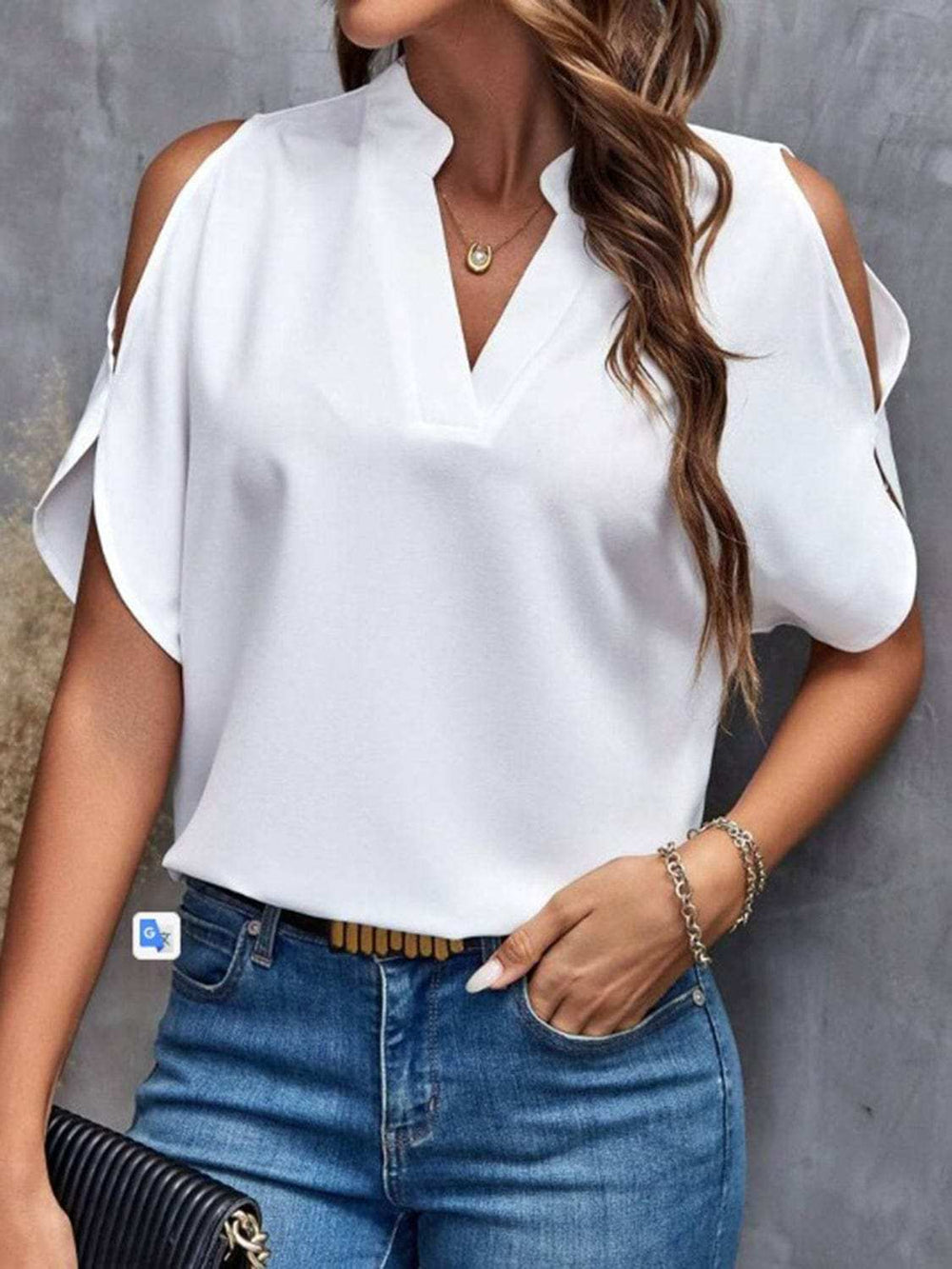 Notched Cold Shoulder Half Sleeve Blouse - Trendsi - Flyclothing LLC