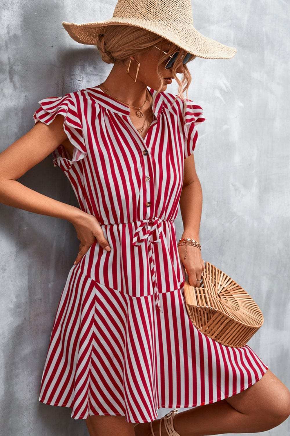 Ruffled Striped Cap Sleeve Mini Dress - Trendsi - Flyclothing LLC