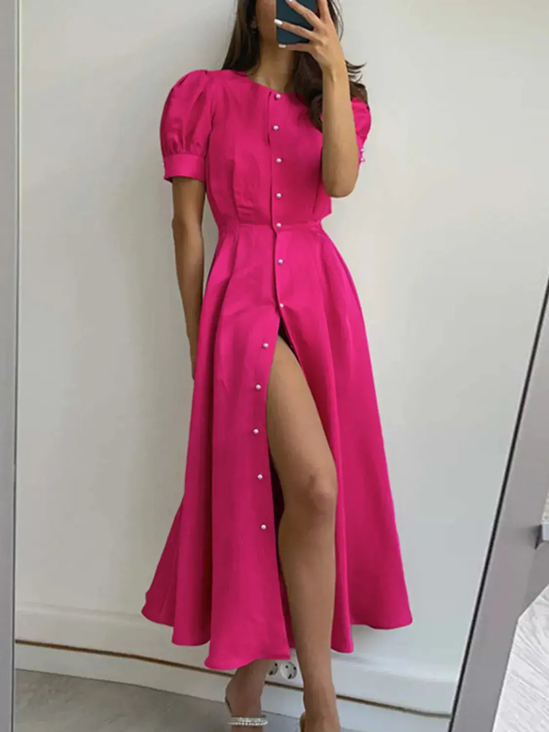 Button Down Short Sleeve Dress - Trendsi - Flyclothing LLC