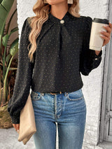 Swiss Dot Mock Neck Long Sleeve Blouse - Trendsi - Flyclothing LLC