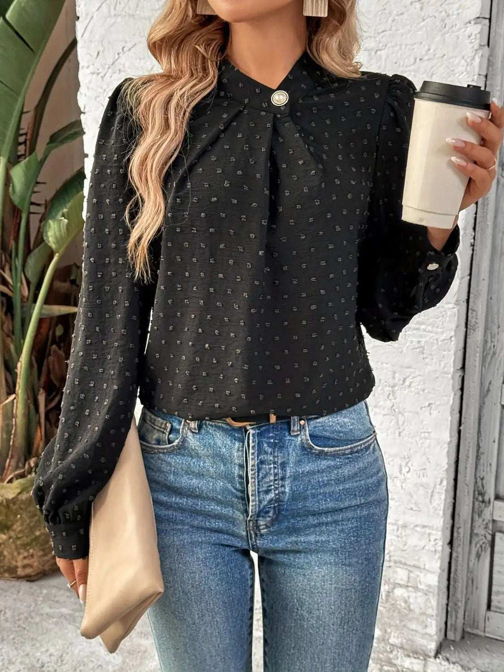Swiss Dot Mock Neck Long Sleeve Blouse - Trendsi - Flyclothing LLC