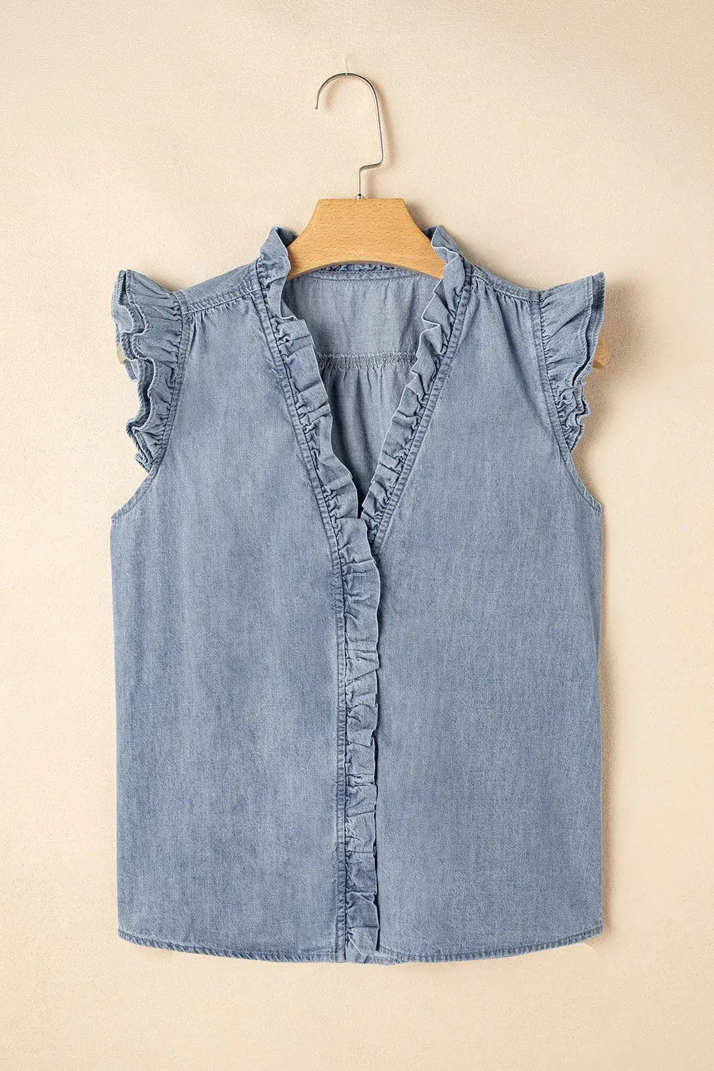 Frilly Ruffle Trim V Neck Chambray Tank - Trendsi - Flyclothing LLC