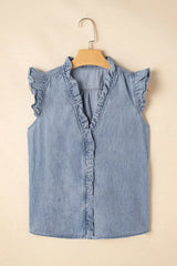 Frilly Ruffle Trim V Neck Chambray Tank - Trendsi - Flyclothing LLC