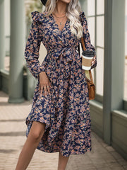 Printed Surplice Long Sleeve Midi Dress - Trendsi