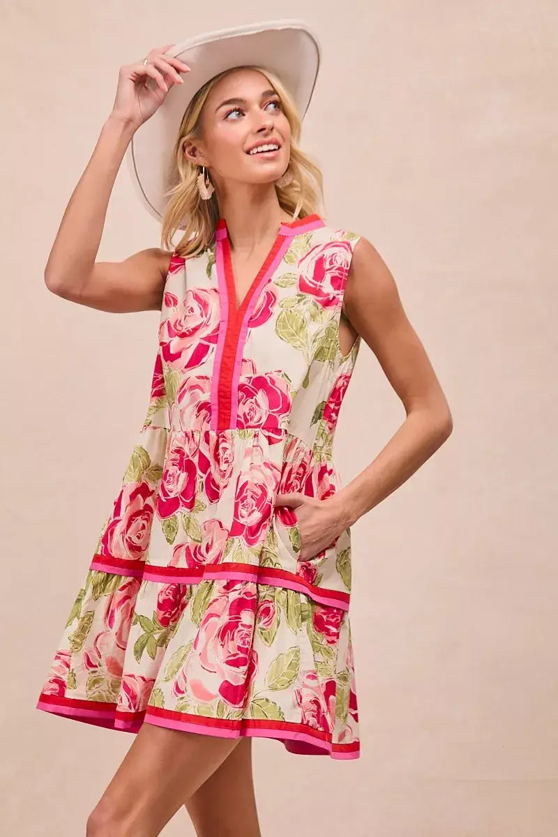 BiBi Floral Woven Contrast Edge Tiered Ruffle Mini Dress - Trendsi - Flyclothing LLC
