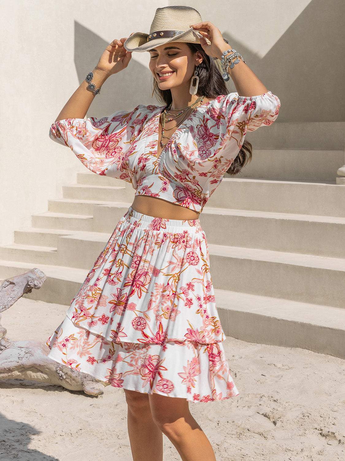Printed Half Sleeve Top and Layered Skirt Set - Trendsi - Flyclothing LLC
