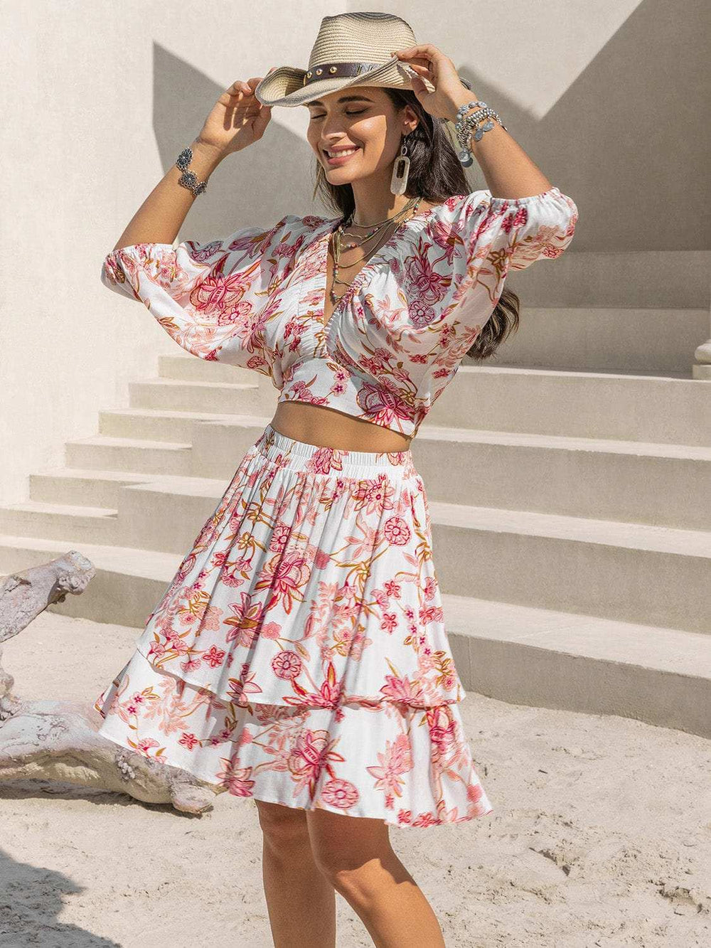 Printed Half Sleeve Top and Layered Skirt Set - Trendsi - Flyclothing LLC