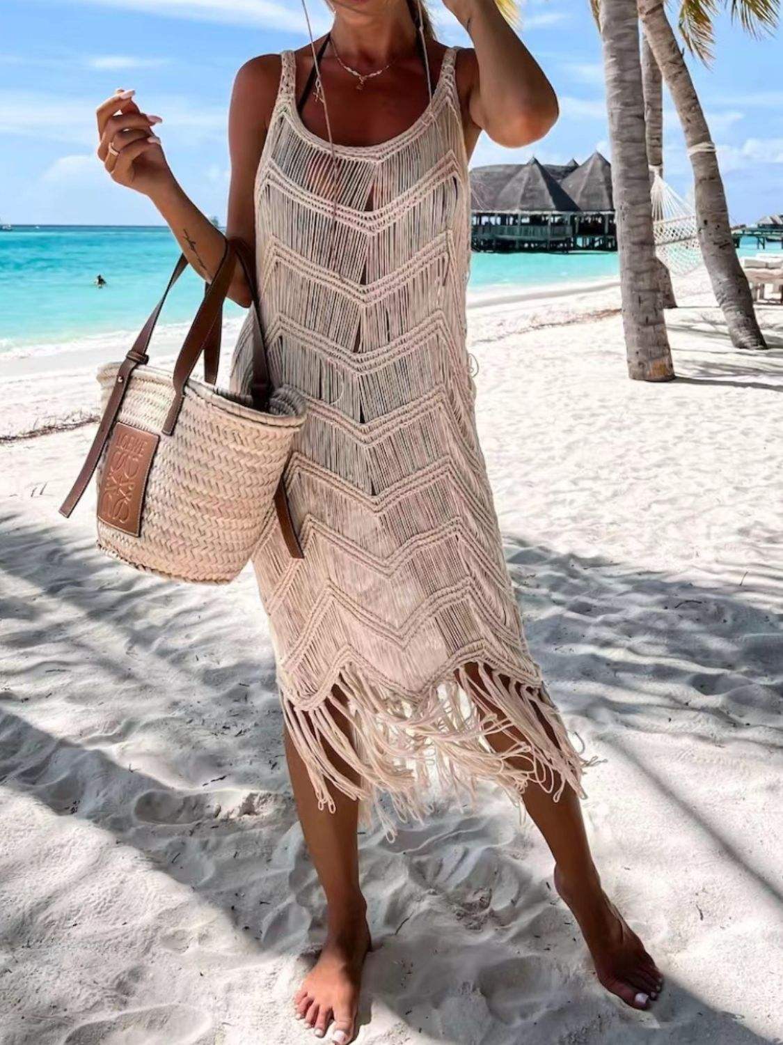 Fringe Scoop Neck Cover-Up - Trendsi - Flyclothing LLC