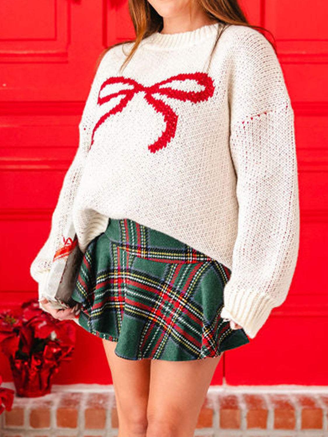 Bow Round Neck Dropped Shoulder Sweater - Trendsi - Flyclothing LLC