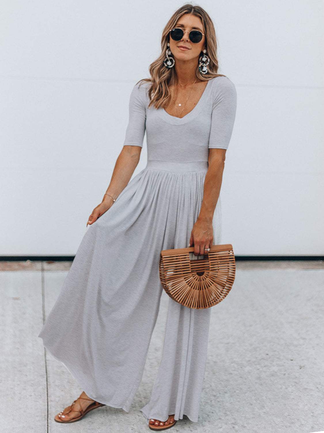 Scoop Neck Short Sleeve Jumpsuit - Trendsi - Flyclothing LLC