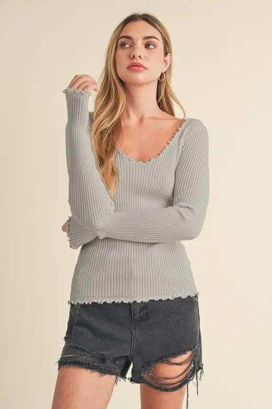 Aemi + Co Lettuce Hem Scoop Neck Long Sleeve Knit Top - Trendsi - Flyclothing LLC