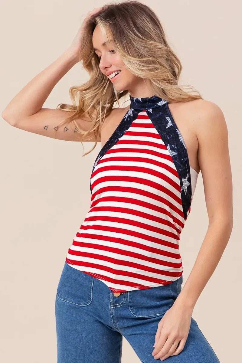 BiBi Stripe Jersey with Star Halter Neck with Tie Back - Trendsi - Flyclothing LLC