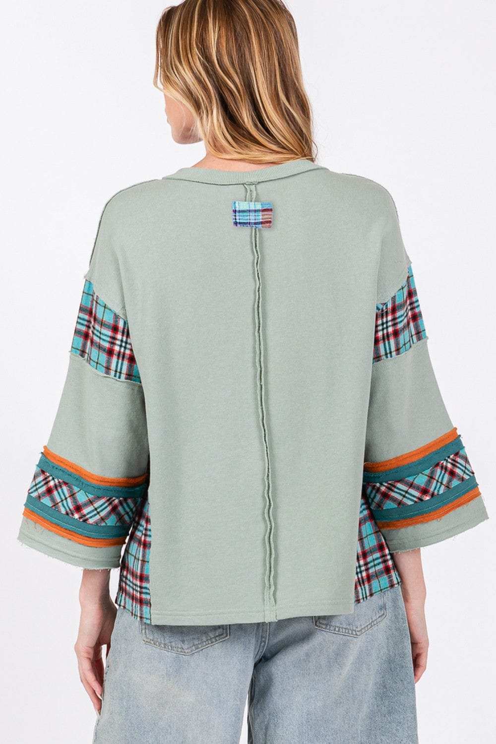 SAGE + FIG Peace Applique Patch Contrast Plaid Top - Trendsi - Flyclothing LLC