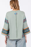 SAGE + FIG Peace Applique Patch Contrast Plaid Top - Trendsi