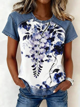 Denim Patchwork Short Sleeve Blouse - Trendsi - Flyclothing LLC
