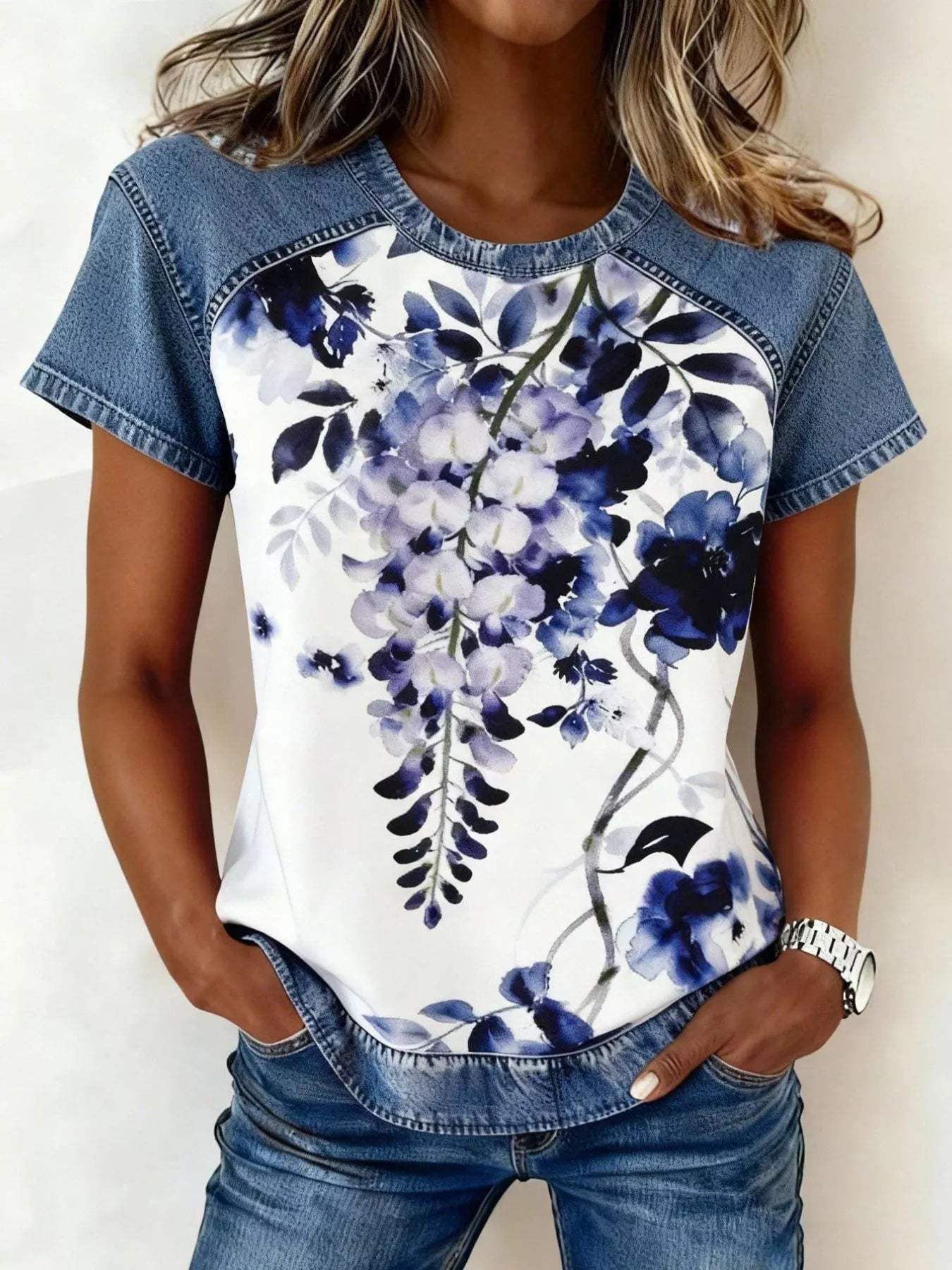 Denim Patchwork Short Sleeve Blouse - Trendsi - Flyclothing LLC