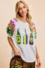 BiBi Sequin Mardi Gras Bottles Spangled Sleeve Top - Trendsi - Flyclothing LLC