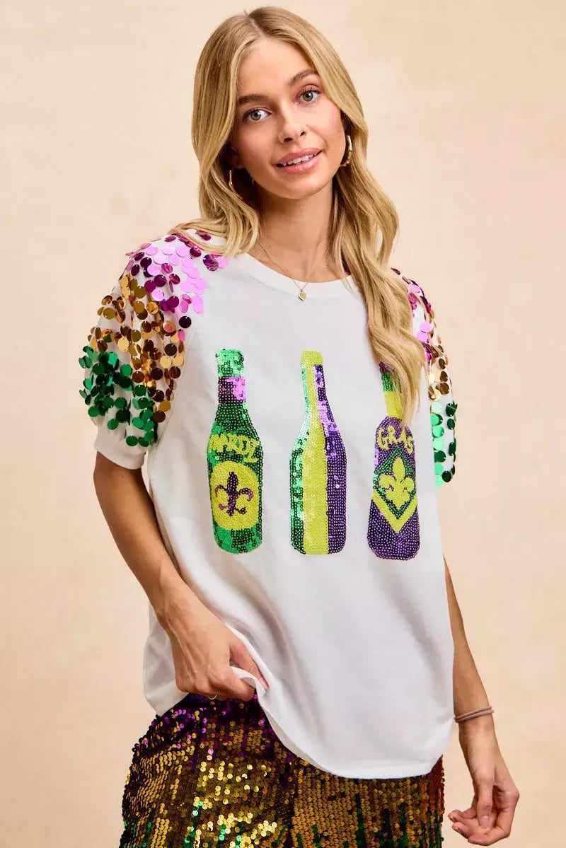 BiBi Sequin Mardi Gras Bottles Spangled Sleeve Top - Trendsi - Flyclothing LLC