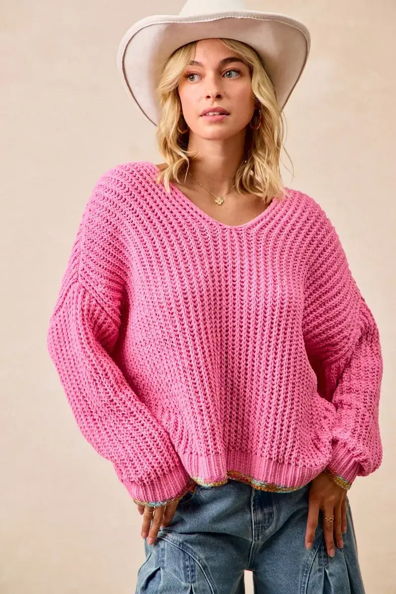 BiBi V-Neck Sweater with Colorful Trim - Trendsi - Flyclothing LLC