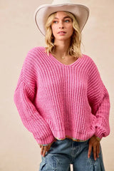 BiBi V-Neck Sweater with Colorful Trim - Trendsi - Flyclothing LLC