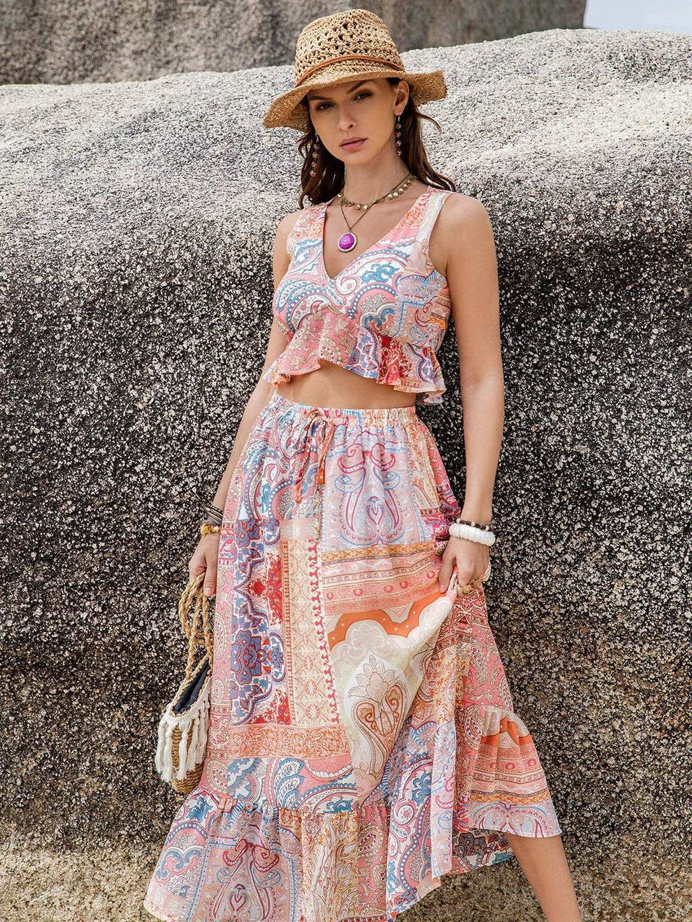 Printed V-Neck Top and Midi Skirt Set - Trendsi - Flyclothing LLC