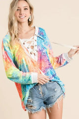 BiBi Tie Dye Deep V-neck Top With Lace Up Front - Trendsi - Flyclothing LLC