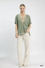 Umgee Linen Contrast Trim V-Neck Blouse - Trendsi - Flyclothing LLC