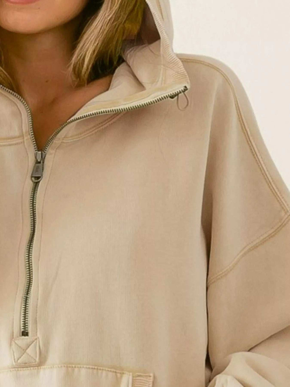 BiBi Stitch Detailed Elastic Hem Half Zip Fleece Hoodie - Trendsi - Flyclothing LLC