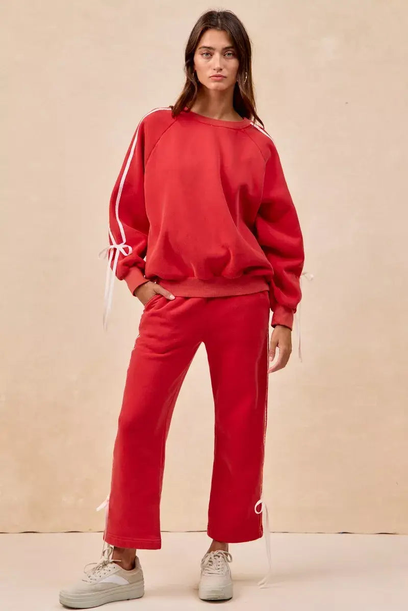 BiBi Side Lined Bow Details Fleece Sweatshirt - Trendsi - Flyclothing LLC
