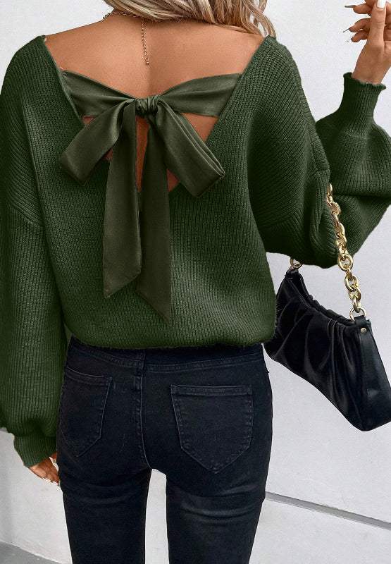Tied Back V-Neck Long Sleeve Sweater - Trendsi - Flyclothing LLC