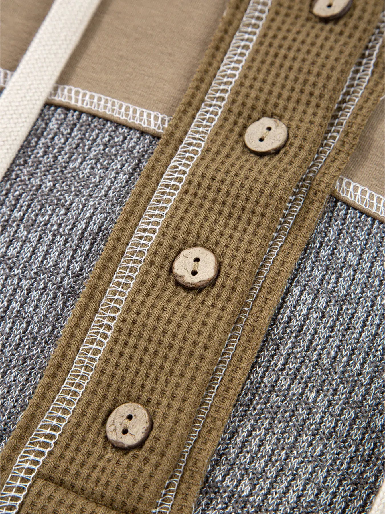Mixed Texture Patchwork Exposed Seam Half Button Hoodie - Trendsi - Flyclothing LLC