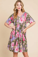 BOMBOM Flower Print V-Neck Ruched Dress - Trendsi - Flyclothing LLC