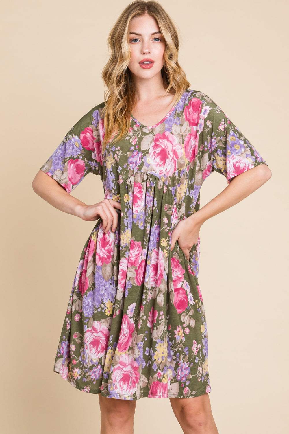 BOMBOM Flower Print V-Neck Ruched Dress - Trendsi - Flyclothing LLC