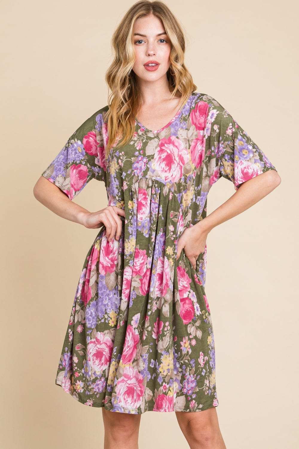 BOMBOM Flower Print V-Neck Ruched Dress - Trendsi - Flyclothing LLC