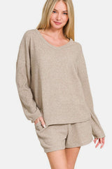 Zenana V-Neck Long Sleeve Ribbed Top and Shorts Set - Trendsi - Flyclothing LLC
