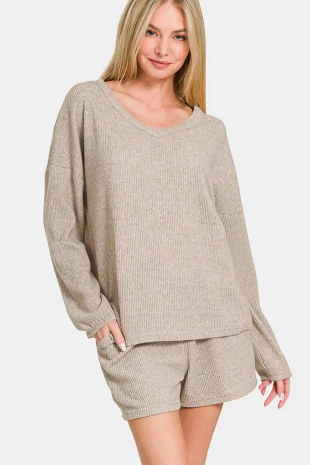 Zenana V-Neck Long Sleeve Ribbed Top and Shorts Set - Trendsi - Flyclothing LLC